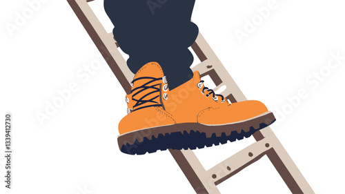 Close-up illustration of a person's lower legs and feet wearing orange work boots climbing a wooden ladder. The illustration is vector-based, with clean lines and flat color. The background is