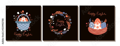 Bild auf Leinwand Happy Easter set of cards with a basket, wreath and nest with eggs