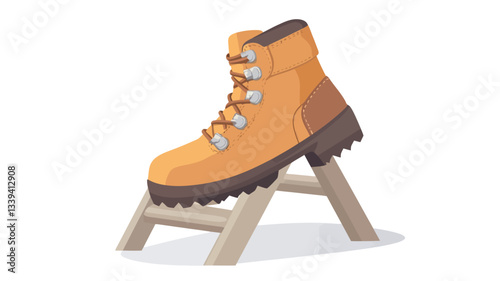 A digital illustration of a yellow hiking boot displayed on a small, simple wooden stand against a white background. The boot is depicted in a slightly angled, three-quarter view showcasing its