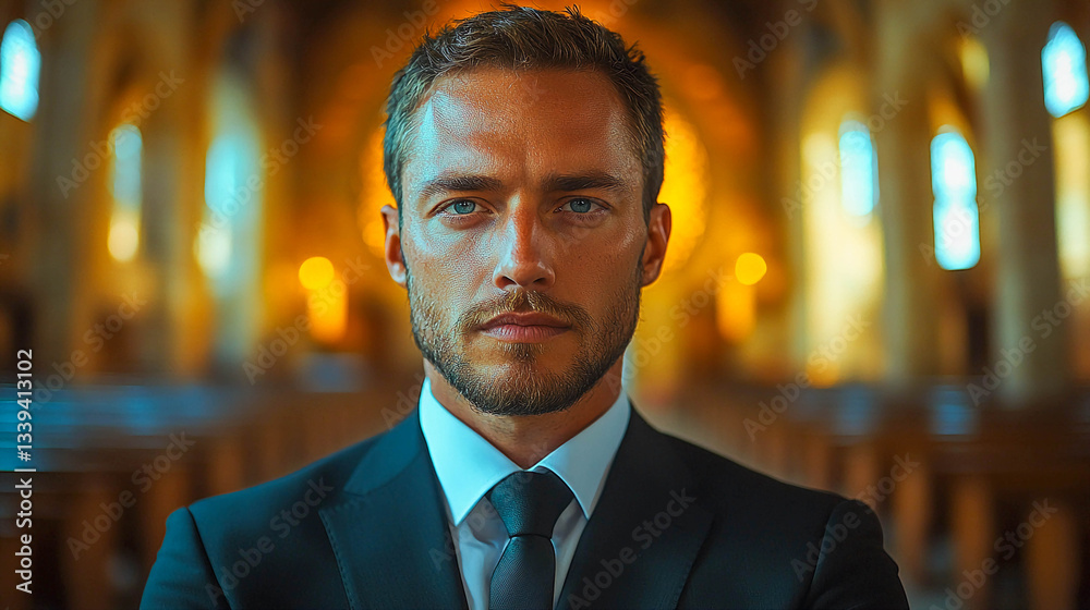 Fototapeta premium Portrait of a middle-aged man in a business suit.In the background is an architectural structure with columns and arches, illuminated by warm golden light.
