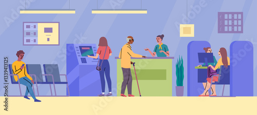 Cartoon Color Characters Clients and Managers at Bank Office Room Concept Flat Design Style. Vector illustration