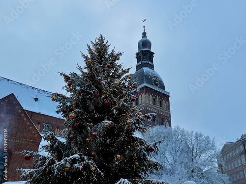 View of Riga Cathedral and Christmas tree. Winter in Riga old town, Latvia 
