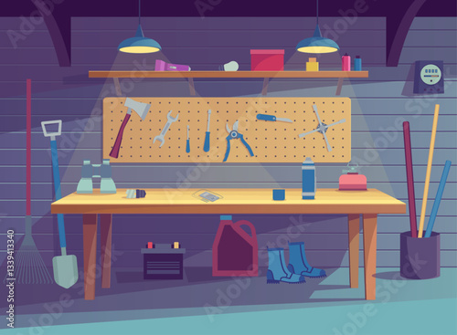 Cartoon Color Workshop Garage Interior Inside Scene with Mechanic Equipment Concept Flat Design Style. Vector illustration