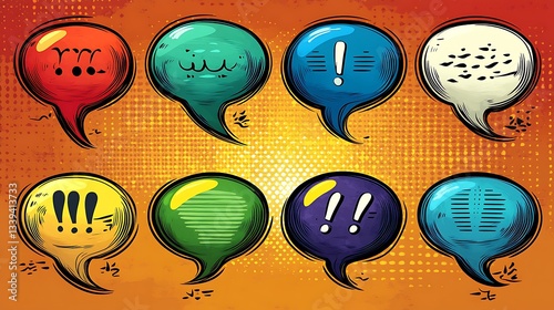 Eight colorful speech bubbles with various punctuation marks on a pop art background.
