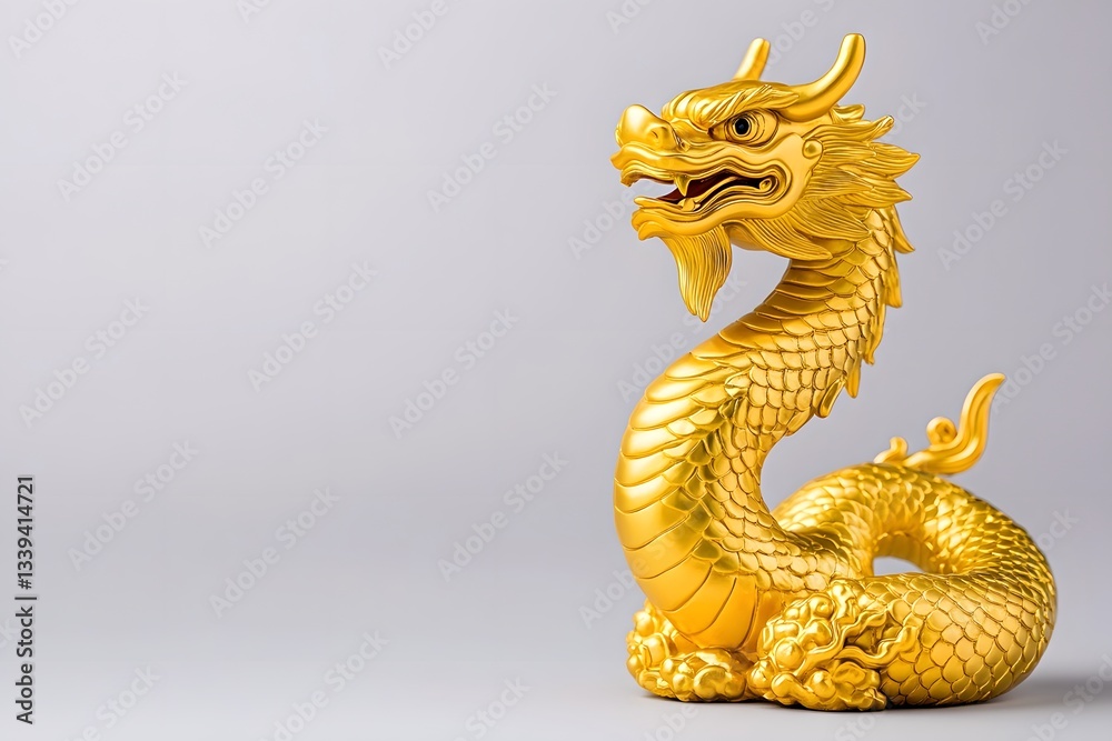 Obraz premium Imposing Golden Chinese Snake Statue in Serene Misty Atmosphere Powerful and Radiant Metal Sculpture with Intricate Carving