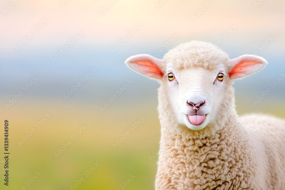 Fototapeta premium Adorable Sheep Selfie with Tongue Hanging Out in Countryside Field