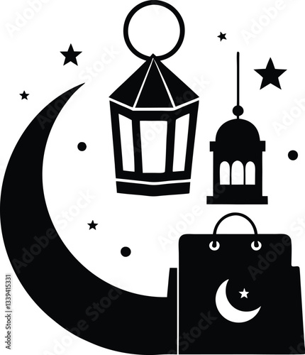 A stylized silhouette design depicts a crescent moon, two lanterns, and a shopping bag, all against a white background.