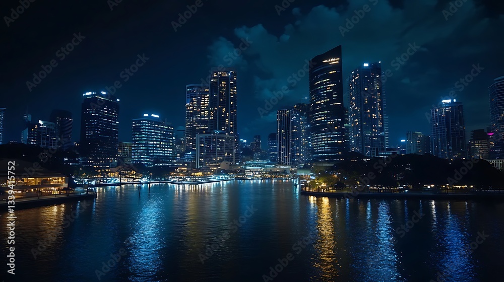 Night scenic cityscape sparkling river reflections view high resolution picture Night scenic cityscape sparkling river reflections view high resolution picture