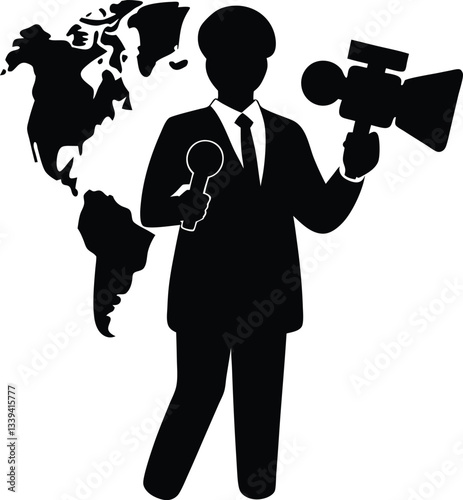 A powerful silhouette of a news reporter, holding a microphone and camera, set against a world map background.