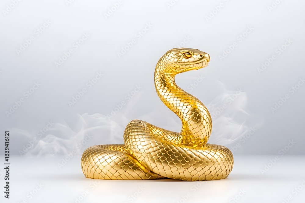 Fototapeta premium Ornate Golden Chinese Snake Statue with Mystical Aura on Plain Background
