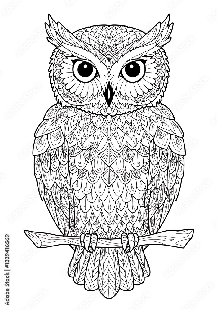 Fototapeta premium Intricate Mandala Owl: A Detailed Coloring Page Featuring a Majestic Bird on a Branch