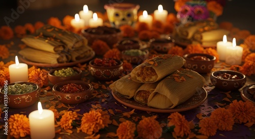 Tamales and Sauces with Candles and Marigolds for a Feast