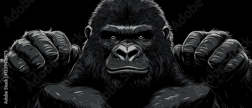 Aggressive gorilla illustration on black background
