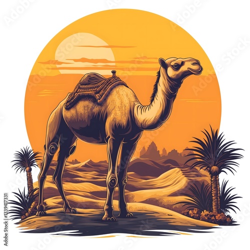 Camel illustration in desert sunset scene
