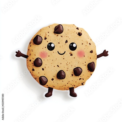 Cute smiley happy cartoon sticker chocolate chips round cookie character hands legs illustration drawing, white background

