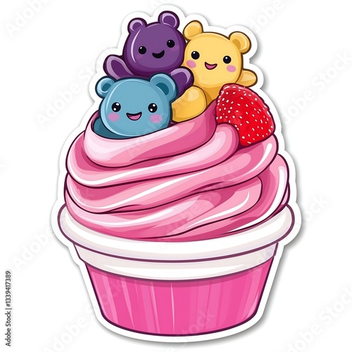Cute smiley happy cartoon sticker colorful gummy bears cupcake frosting character face eyes dessert illustration drawing, white background

