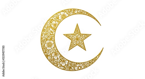 Ornate Golden Crescent Moon and Star: Islamic Symbol