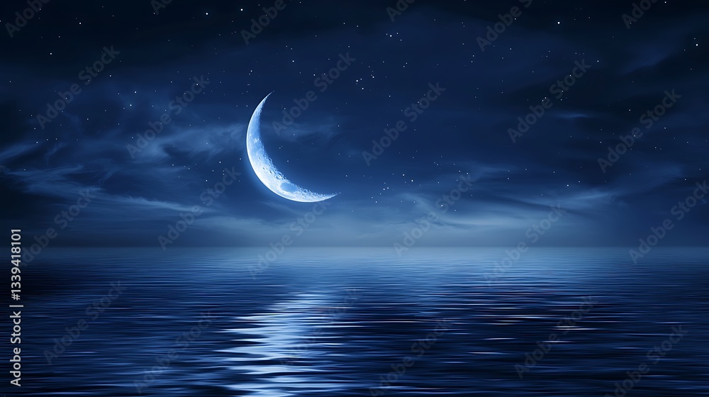 Fototapeta premium Crescent moon over calm sea at night (1)