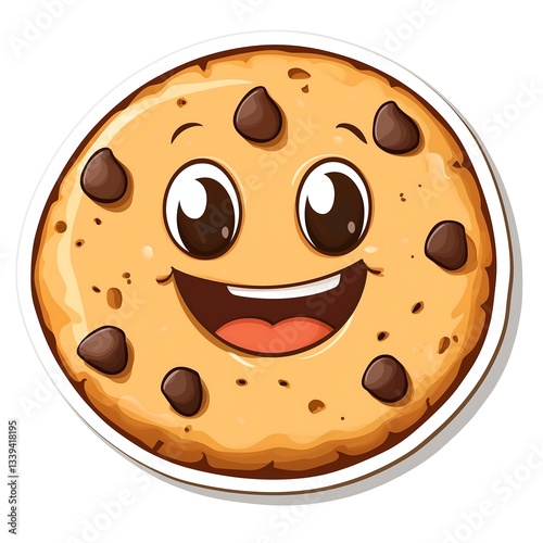 Cute smiley happy cartoon sticker chocolate chips round cookie character illustration drawing, white background

