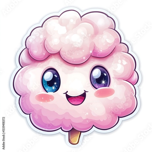 Cute smiley happy cartoon sticker pink fluffy cotton candy floss character face eyes dessert illustration drawing, white background

