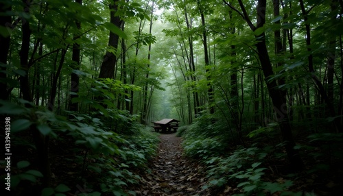 The camera slowly pans through a lush forest, capturing the intricate patterns and textures of the leaves, branches, and undergrowth in stunning detail.