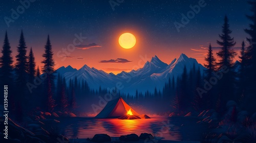 Campfire night in mountain forest illustration