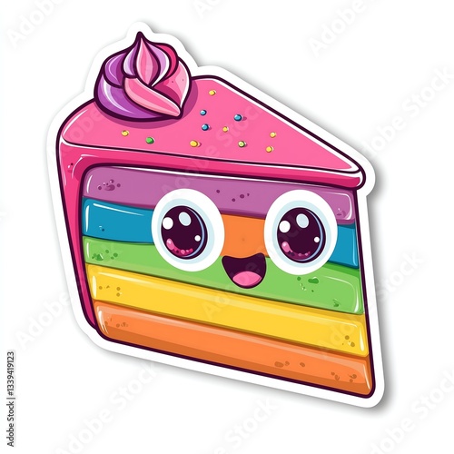 Cute smiley happy cartoon sticker rainbow colorful layered cake slice character face eyes dessert illustration drawing, white background

