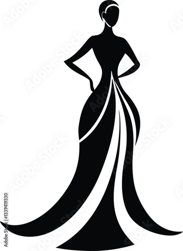 A stylized, black silhouette of a woman wearing a flowing formal gown.