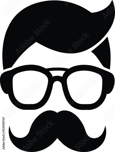 A simple, black silhouette of a man with a classic hairstyle, glasses, and a mustache.
