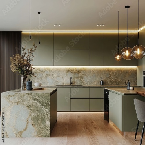 A modern kitchen interior featuring a marble island and cabinets