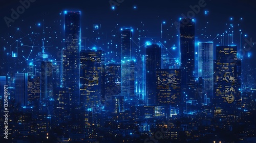 Wallpaper Mural Futuristic cityscape at night, illuminated by digital network connections. Torontodigital.ca