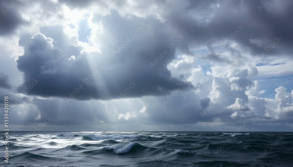 Dramatic Ocean Waves Under Stormy Clouds with Sunbeams and Turbulent Seas Dramatic Ocean Waves Under Stormy Clouds with Sunbeams and Turbulent Seas