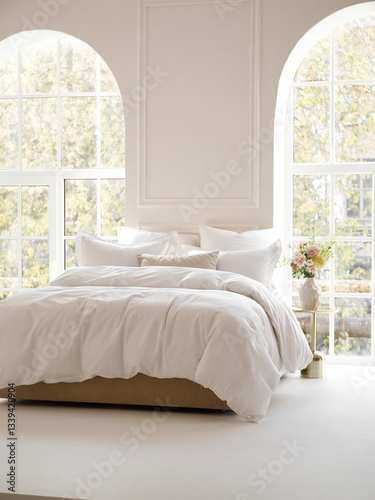 Sunny bedroom with two large windows. Four pillows, cushion and a fluffy down comforter on a double bed with bedside table and bouquet in vase on it. Front view vertical photo. Suitable for mockup