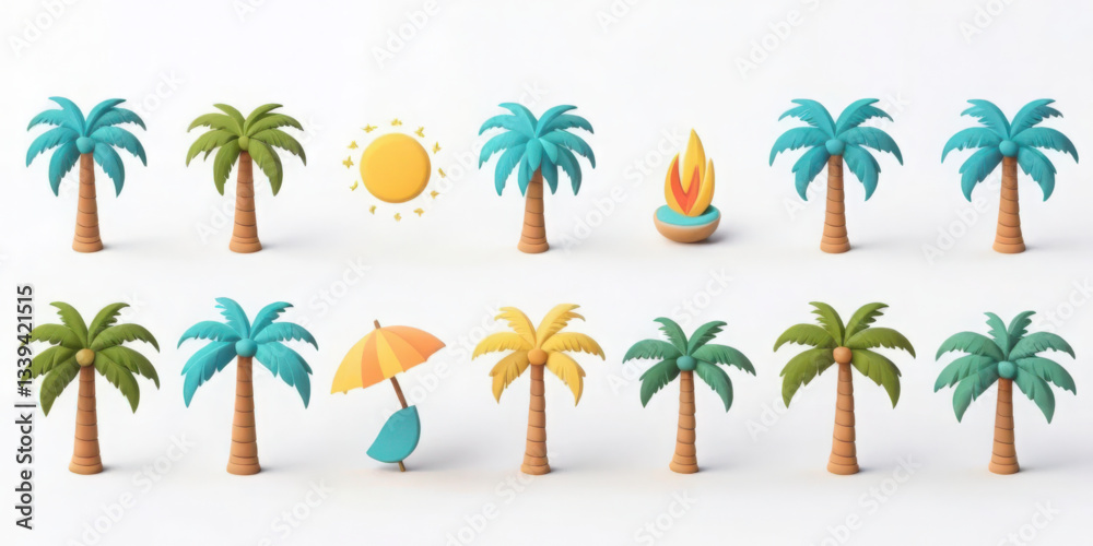 Obraz premium Summer icon watercolor scene with palm trees sun and umbrella in vibrant beach environment