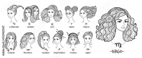 Vector line art of twelve zodiac signs as women with unique hairstyles. Elegant black-and-white design, ideal for astrology, horoscope, mystic, and celestial-themed projects.
