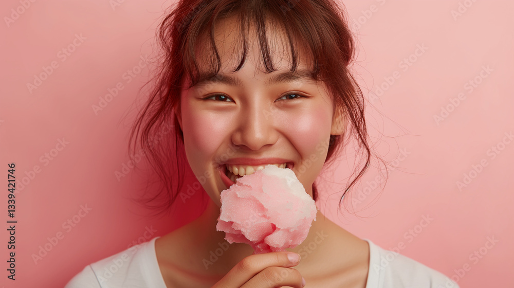 Eurasian woman smiling with pink shaved ice. Eurasian woman smiling with pink shaved ice.