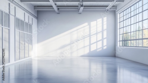 Spacious studio room with large windows, white walls, and sleek flooring. A bright and airy environment for artistic or work activities. Copy space.