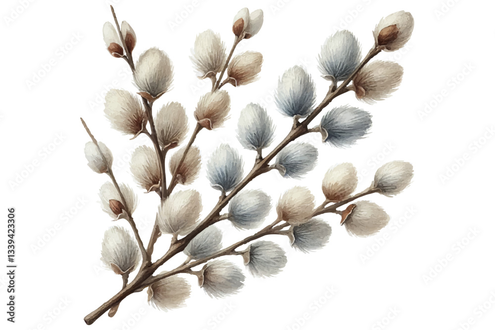 Elegant Watercolor Willow Branch. Spring and Easter Botanical illustration isolated on white background. Perfect for Easter designs, greeting cards, wedding invitations, spring decorations Elegant Watercolor Willow Branch. Spring and Easter Botanical illustration isolated on white background. Perfect for Easter designs, greeting cards, wedding invitations, spring decorations