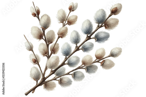 Elegant Watercolor Willow Branch. Spring and Easter Botanical illustration isolated on white background. Perfect for Easter designs, greeting cards, wedding invitations, spring decorations