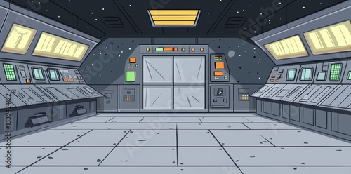 A futuristic spaceship interior with control panels and a door