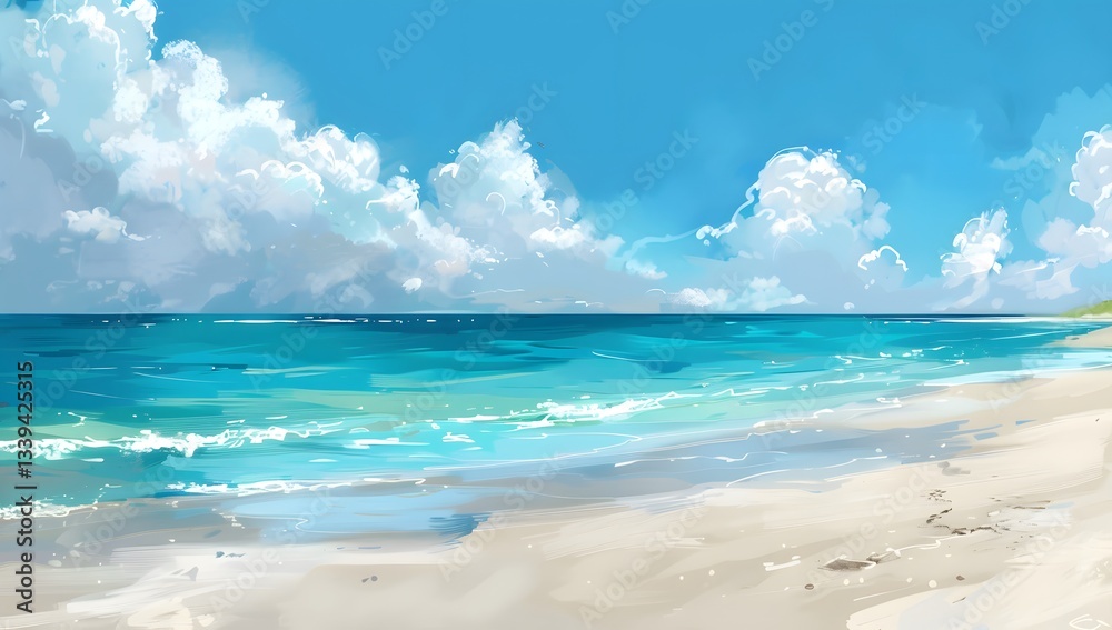 Tropical Beach Scene with Blue Water, White Sand, and Cloudy Sky Illustration Tropical Beach Scene with Blue Water, White Sand, and Cloudy Sky Illustration