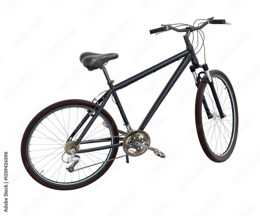 Obraz premium Black bicycle standing while leaning on kickstand, side view. Bike resting on kick stand. Png clipart isolated on transparent background