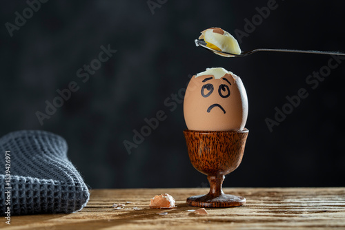 Metal spoon breaking boiled egg with sad face in egg cup on wooden table, closeup. Scared egg looking at spoon