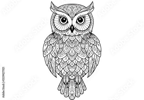 Intricate Mandala Owl: A Black and White Coloring Page Design