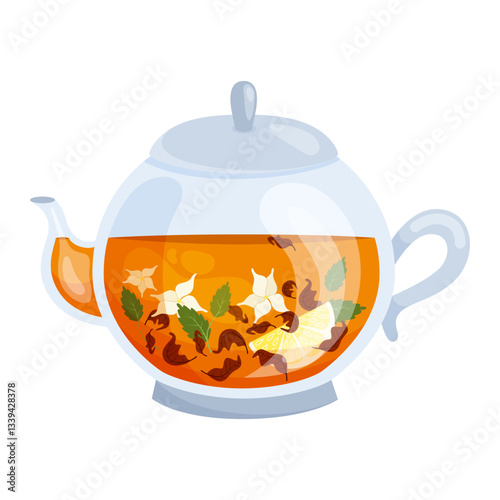 Round glass teapot with tea on white background. Vector illustration on white background.