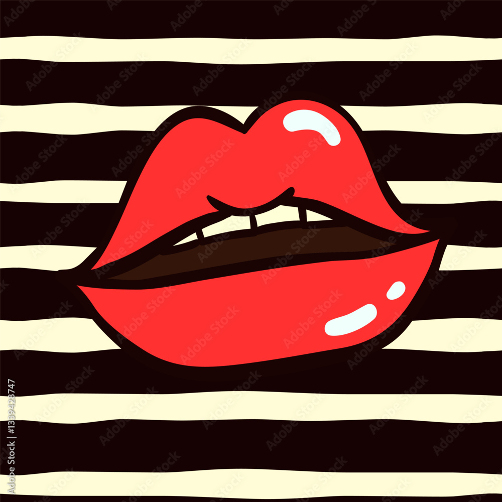 Red lips isolated on striped background. Bright cartoon pop trendy art. Vector cartoon hand drawn simple flat sticker, icon or retro symbol of 80s. Hand drawn bright old funky style