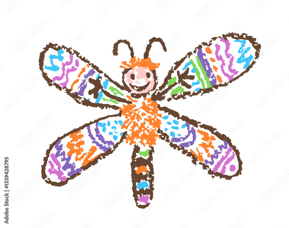 Tropical crazy fantastic doodle funny smiling butterfly. Crayon like kid`s hand drawn bright colorful jungle flying happy character. Vector pastel chalk or pencil childlike simple cartoon naive art