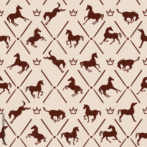 Equestrian rhombus seamless pattern. Horse silhouette in different poses. Elegant noble cream chocolate color background. Geometric vector royal crown ornament. England luxury classic vintage style