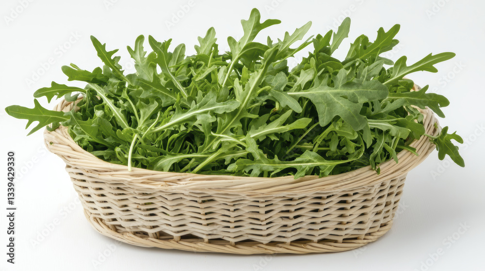 Fresh leafy greens in woven basket, perfect for salads and healthy meals Fresh leafy greens in woven basket, perfect for salads and healthy meals