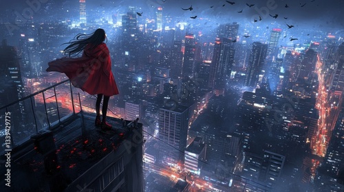 Night Cityscape: A lone figure in red contemplates the sprawling metropolis from a rooftop vantage point, under a sky filled with nocturnal birds.